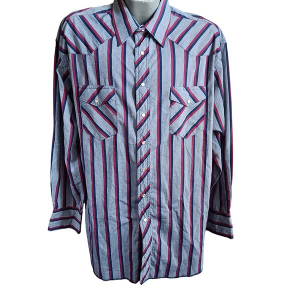 XXL Vintage Wrangler Mens Western Shirt Striped Tall 18x36 Tall Blue/Red/Gray - Picture 2 of 5